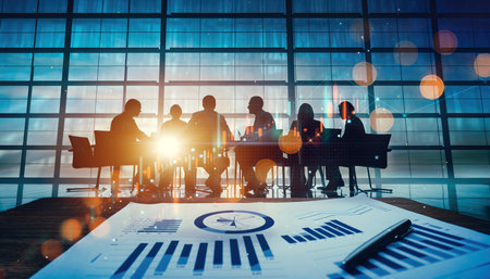 Meeting of professionals in a modern office with double exposure cloud elements and data visualizationsの素材