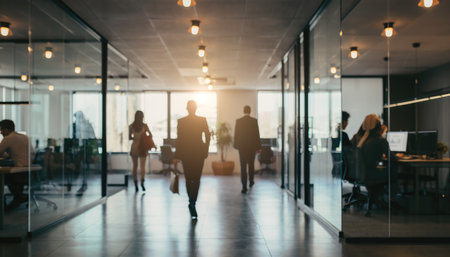 Business professionals walk through an office space with glass walls during late afternoon hoursの素材