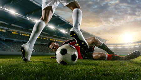 High action soccer moment captures player falling on the field during a match with crowd in background and sunlight shining through cloudsの素材