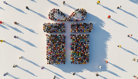 Group of people forming a large gift shape on the ground during a sunny day in an outdoor eventの素材