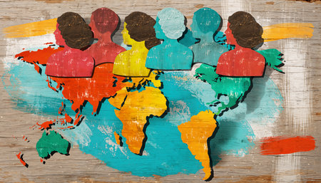 People standing together in front of a painted world map emphasizing global connection and unity among diverse culturesの素材