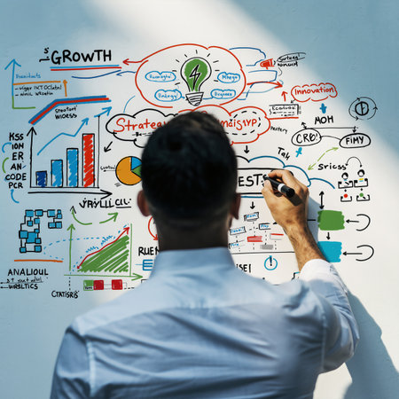 Professional meeting during a brainstorming session with charts and diagrams on the wall in a well-lit office spaceの素材