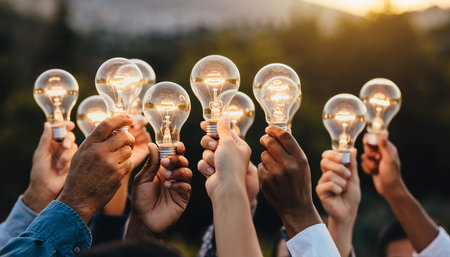 People hold light bulbs in the sky during a group gathering at sunset in a natural settingの素材