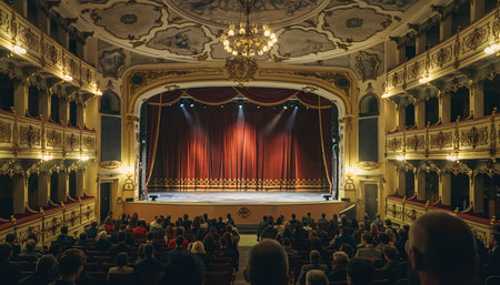 Wide angle view of an empty stage before a show in an ornate theater filled with audience members watching in anticipationの素材