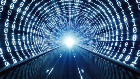 Digital tunnel of binary code and light moving towards bright end point illuminating dark spaceの素材