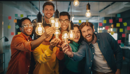 Group of people holding light bulbs in a creative workspace during evening hoursの素材