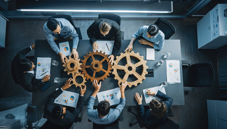 Business team members work together with gears during a meeting in the officeの素材