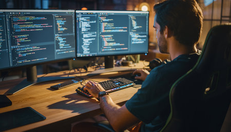 Man sits at a desk using two computer screens, typing on keyboard, programmingの素材