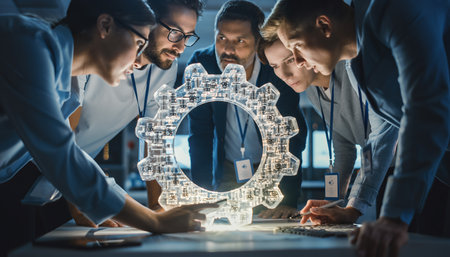 Group of engineers studies gear design on a table for future developmentの素材