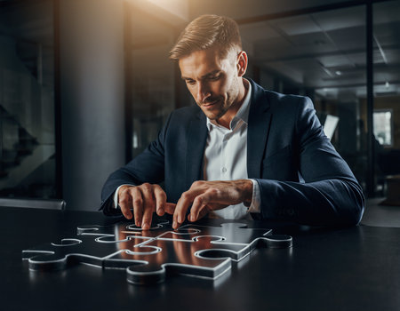 Businessman in dark suit solving a large jigsaw puzzle on a table indoors, focusing on the piecesの素材