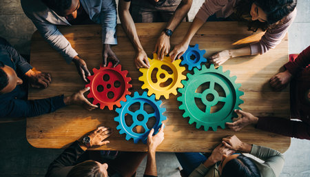 Diverse group of people arranging colorful gears on a wooden table in a bright office setting to show teamwork and collaborationの素材