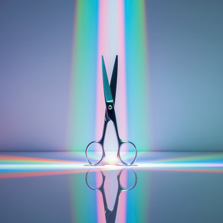 Creative display of scissors with colored light beams creating a visual effectの素材