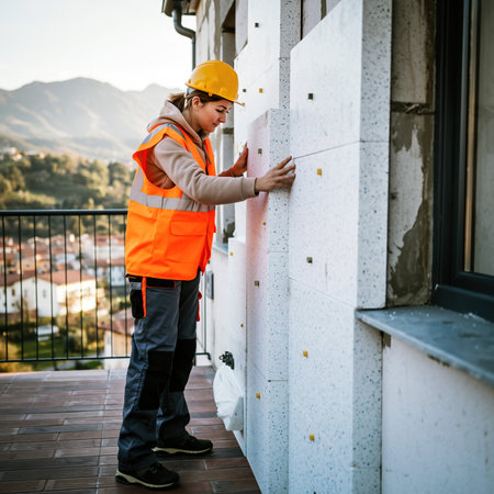 Worker installs insulation panels on a building exterior in a mountain town during daylight hoursの素材