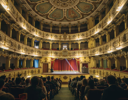 Wide angle view of a theater filled with people during a performance in a historic building with ornate decorations and bright stage lightsの素材