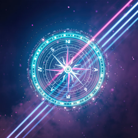 Compass design with colorful lines and a dark background showing directions and points of navigationの素材