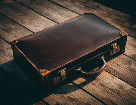 A vintage brown leather suitcase rests on a weathered wooden table under bright sunlight in a serene outdoor settingの素材