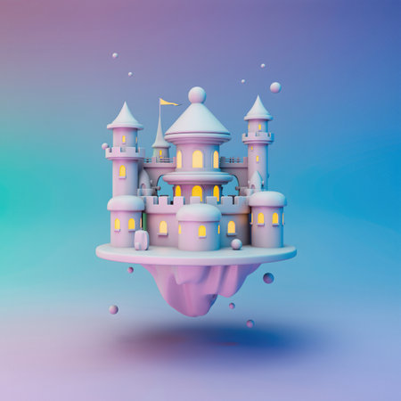 Fantasy castle floats in the air with towers and lights during a sunset sky in digital artの素材