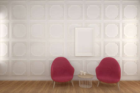 Blank Photo Frame on White Wainscot Wall living room with Chair, 3D render.の写真素材