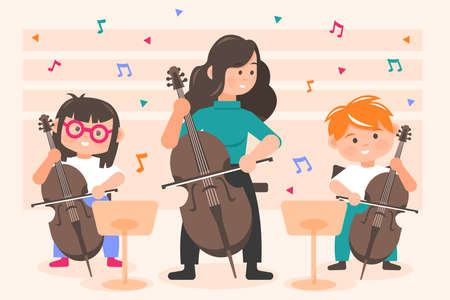 Perfomance, orchestra concept. Little happy children kids boy and girl playing cello with woman teacher on concert at theater opera. Lesson of classical music practicing in symphony band illustration.のイラスト素材