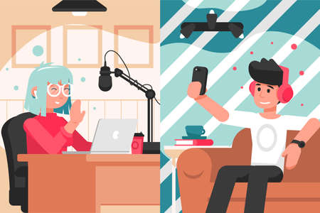 Broadcast, blogging, communication, collavoration interview concept. Man woman boy girl social media or network collaborate on live streaming together. Podcast or video recording in studio.のイラスト素材