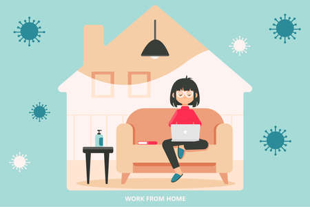 Quarantine, coronavirus, covid19 concept. Woman girl freelancer sitting at home working at laptop. Self isolation preventive measures during lockdown outbreak of 2019ncov virus infection illustration.のイラスト素材