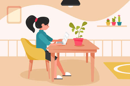 Freelance, quarantine, work, business concept. Young woman or girl freelancer dressed in domestic clothes working at home with laptop remotely. Online study and education during coronavirus lockdown.のイラスト素材