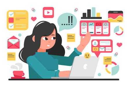 Social media, network, freelance, business concept. Youn woman girl freelancer content manager working at laptop. Multitasking skill development SMM strategy planning and internet marketing analysis.のイラスト素材