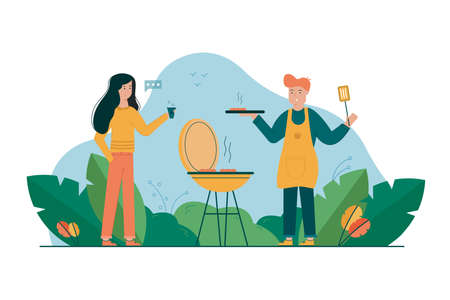 BBQ, holiday, summer, recreation, communication, rest, couple conceptのイラスト素材