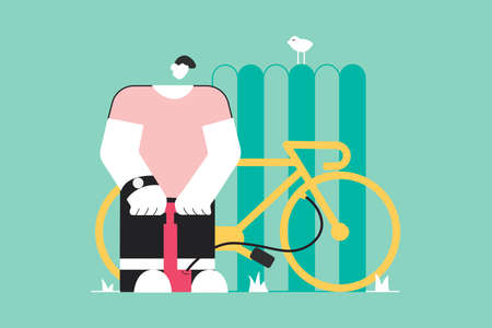 Cycling, repair, sport, activity, work concept. Young man guy boy character biker rider repairing pumping bicycle wheel tire. Transport vehicle maintenance or mechanical fix on road illustration.のイラスト素材