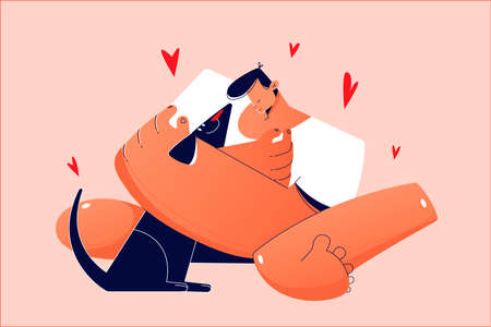 Affection, love, ownership, pet concept. Young happy smiling excited child boy kid owner cartoon character holding dog domestic animal friend in hands. Responsibility and care for puppy illustration.のイラスト素材