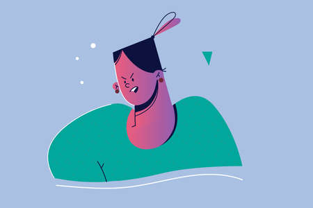 Emotion, face, expreion, curiosity, motivation, search, question concept. Young serious curious woman girl teen cartoon character holding hand above eyes and peering into distance, looking far away.のイラスト素材