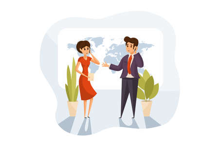 Dialogue, international communication, business concept. Businesspeople businessman and woman clerks or managers speaking and talking on smartphone at office. Global social conversation at work.のイラスト素材