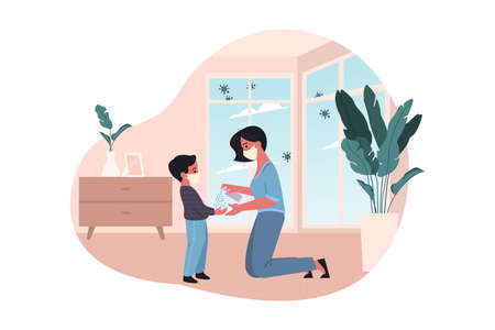 Healthcare, quarantine, covid19 protection, 2019ncov, coronavirus infection concept. Mother and kid hand antiseptic treatment. Coronavirus protection. Covid19 desease. 2019ncov infection. Quarantine.のイラスト素材