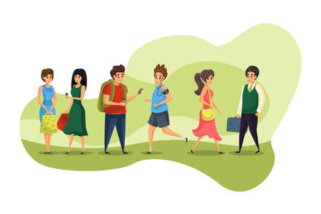 People, communication, meeting, shopping, business, education concept. Griup of walking young people businessman women boys teenagers stand and communicating. Everyday life in urban city illustration.のイラスト素材