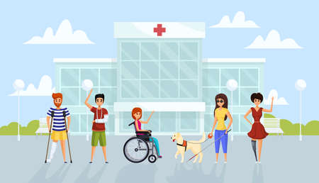 Medicine, disability, healthcare concept. Group of disabled men women stand together near hospital....