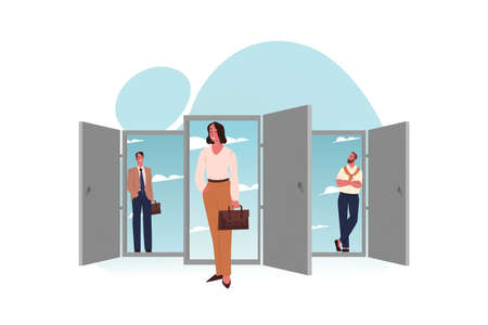 New opportunities, right choice, business concept. Team of young businesspeople businessmen woman clerks managers employees standing near doors to new opportunities. Right choice illustration.のイラスト素材