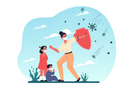 Healthcare, motherhood, covid19, infection, 2019ncov, coronavirus, protection concept. Young woman mother with shield protects children boy girl from coronavirus. 2019ncov infection. Covid19 desease.のイラスト素材