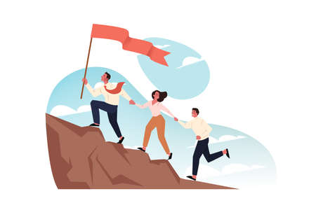 Team, goal, motivation, business startup, leadership concept. Team of business people managers climb mountain holds hands together. Motivated businessman boss leads employees with flag forward to goalのイラスト素材