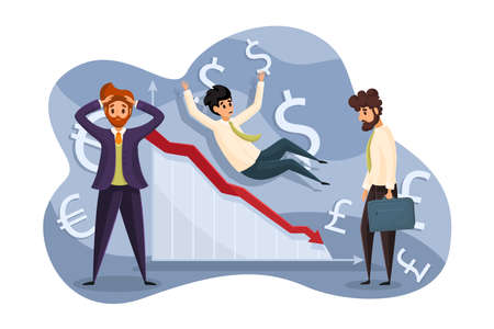 Business, bankruptcy, crisis, finance, depression, economy, mental stress concept. Young depressed stressful businessmen have financial crisis falling downward graph. Stock market crash and recession.のイラスト素材