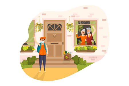 Home, food, quarantine, coronavirus concept. Young boy supplier in medical face mask left at house door groceries to senior citizens in lockdown. Contactless delivery for preventing covid19 spread.のイラスト素材