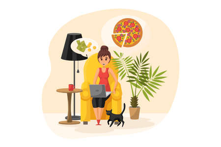 Online shopping, order, quarantine, coronavirus concept. Young happy woman or girl cartoon character sitting at home and ordering pizza on internet. Online shopping during 2019ncov or covid19 lockdownのイラスト素材