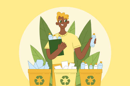 Environment, nature, ecology, reuse, protection concept. Happy man boy character sorting garbage putting glass rubbish in trash bin dumpster container for recycling. Environmental care or zero waste.のイラスト素材