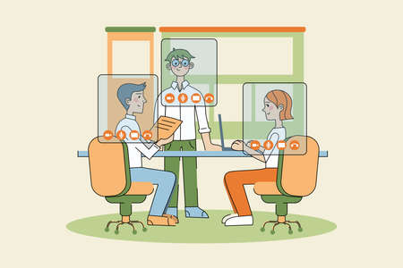 Business, video, conference, work, social distancing, quarantine, coronavirus concept. Young businessmen and woman communicating sending documents and reports online. Remote call and working from homeのイラスト素材