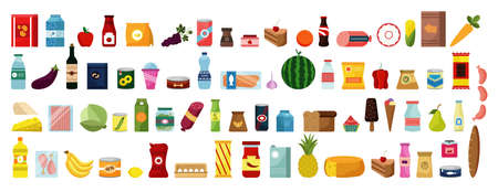 Hand drawn food and drinks doodles set. Collection of colorful cartoon style drawing sketches templates of meal fruits vegetables in raw on white background. Healthy nutrition junk food illustration.のイラスト素材