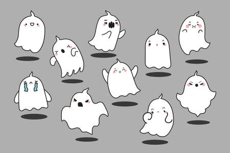 Ghosts doodle set. Collection of hand drawn colorful templates patterns of spooky creatures mysterious ghouls poltergeists characters mascots angry phantoms. Illustration of comic Halloween symbol.のイラスト素材