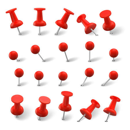 Realistic pins set. Collection of realism style drawn colorful office red pushpin thumbtack template. Illustration of needles stationery items or metal plastic sewing accessories for paperwork mockup.のイラスト素材