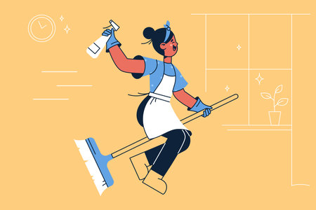 Happy housewife on broom conceptのイラスト素材