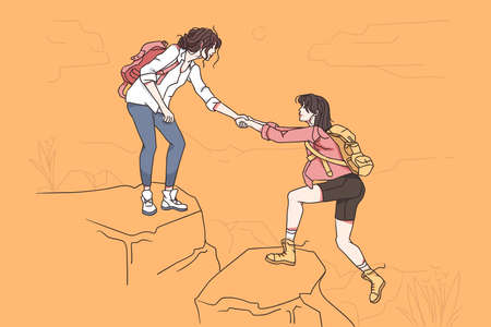 Hiking on nature and assistance concept.のイラスト素材