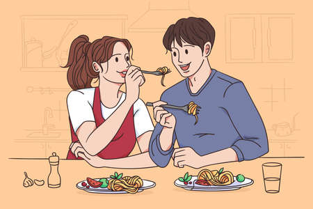 Eating pasta together concept.のイラスト素材