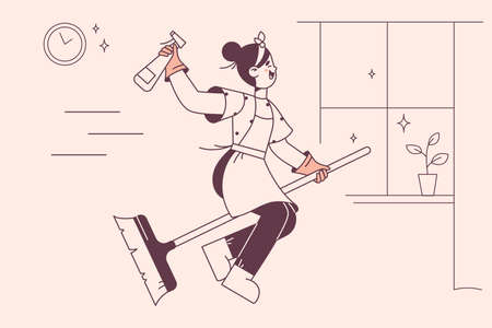 Happy housewife on broom conceptのイラスト素材